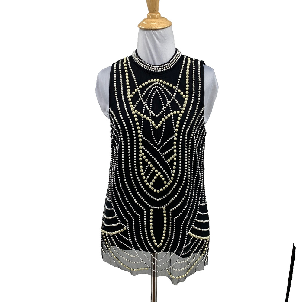 Moulinette Soeurs Top Womens 6 Black Beaded Pearl Mock Neck Sleeveless Gatsby